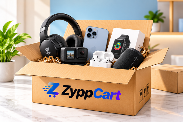 ZyppCart box filled with headphones, a phone, earbuds, a smartwatch and a speaker